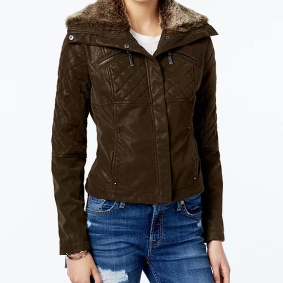 Juniors' Faux-Fur Collar Faux-Leather Jacket Size: Large - Picture 1 of 6